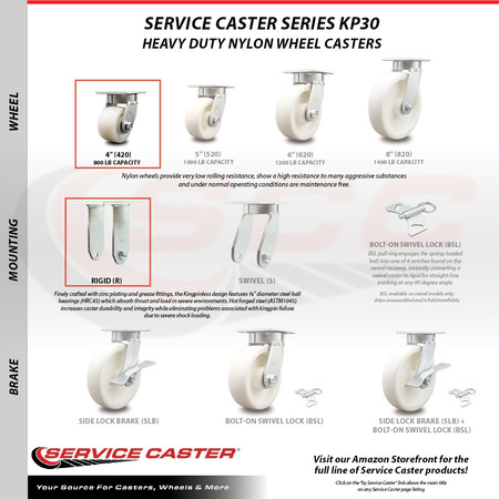 Service Caster 4 Inch Kingpinless Nylon Wheel Swivel Caster Swivel 2 Rigid, 2PK SCC-KP30S420-NYR-2-R-2
